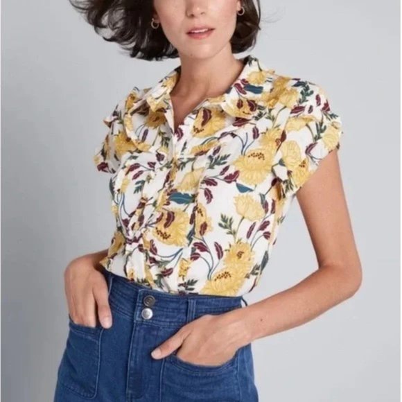 Modcloth Top S Yellow Floral Print Ruffle Retro - Picture 1 of 11